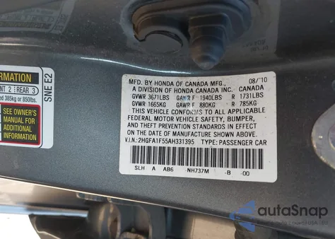 2010 Honda Civic Lx z USA, uszkodzony, nr VIN 2HGFA1F55AH331395